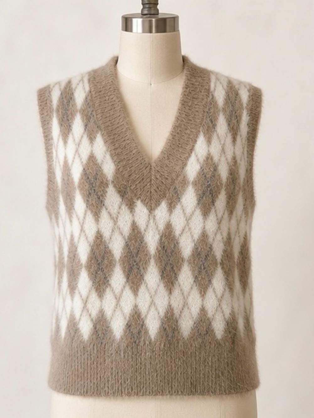 William Rast V-Neck Argyle Sweater Vest in Tan and White